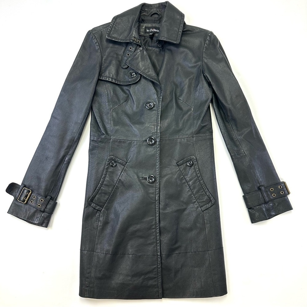90s Vintage leather womens trench coat Le chateau buckle fitted small jacket